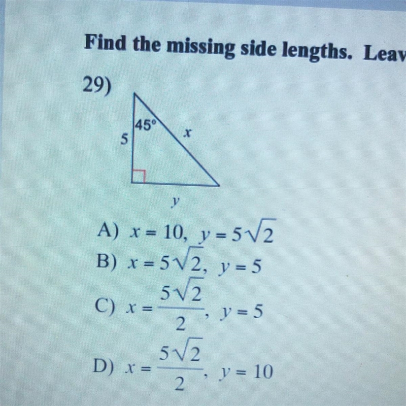 Find the missing side lengths. Leave your answers as radicals in simplest form. Please-example-1