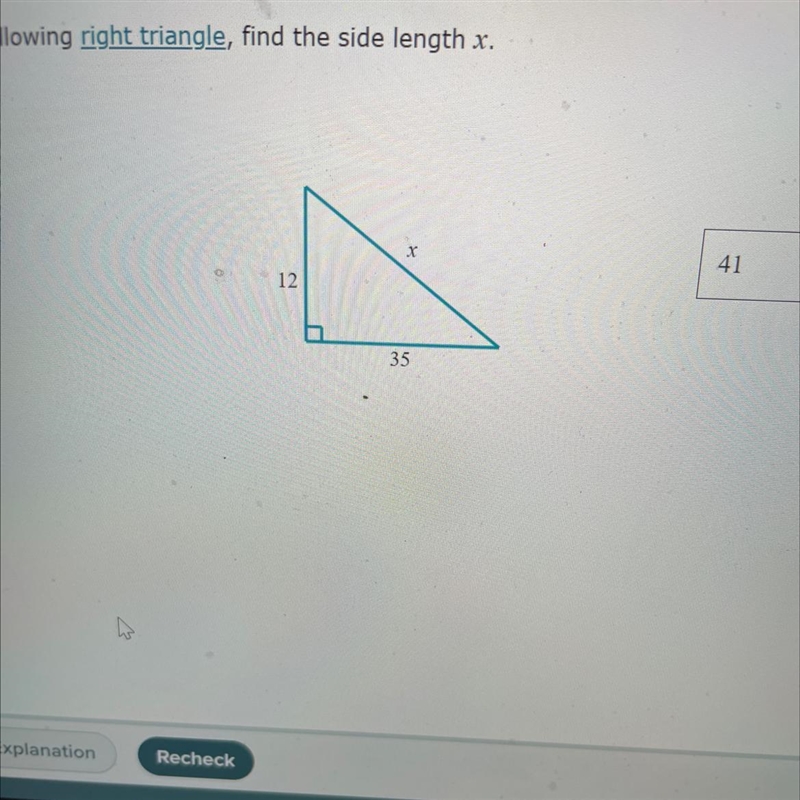 For the following right triangle, find the side length x.-example-1