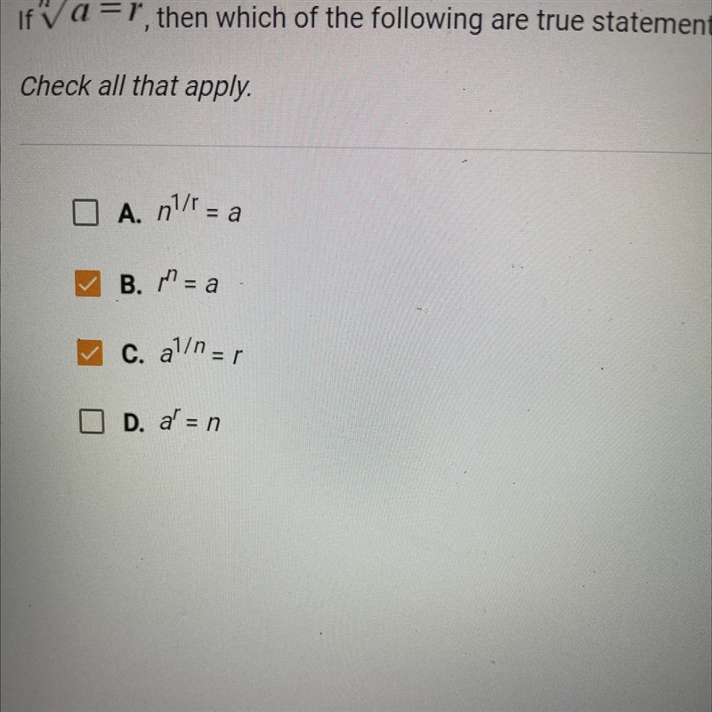 Ifā=r, then which of the following are true statements? Check all that apply. O A-example-1