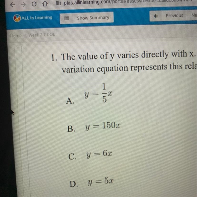 1. The value of y varies directly with x. If y = 30 when x =1/5 Which direct variation-example-1