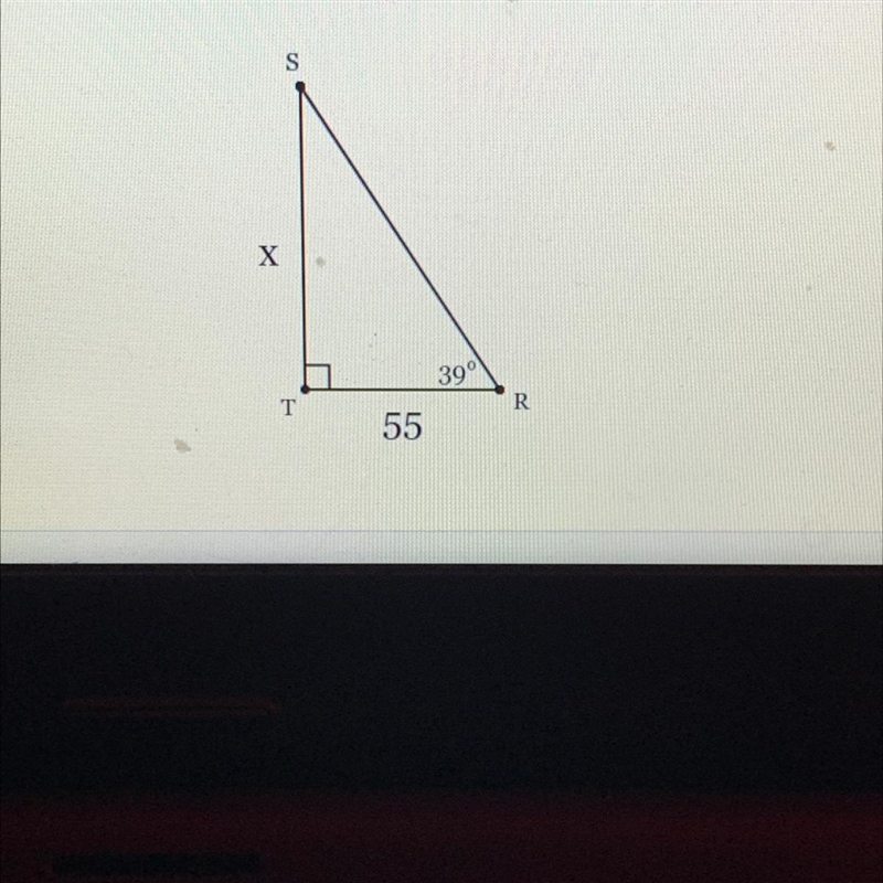 In ARST, the measure of ZT=90°, the measure of ZR=39°, and TR = 55 feet. Find the-example-1