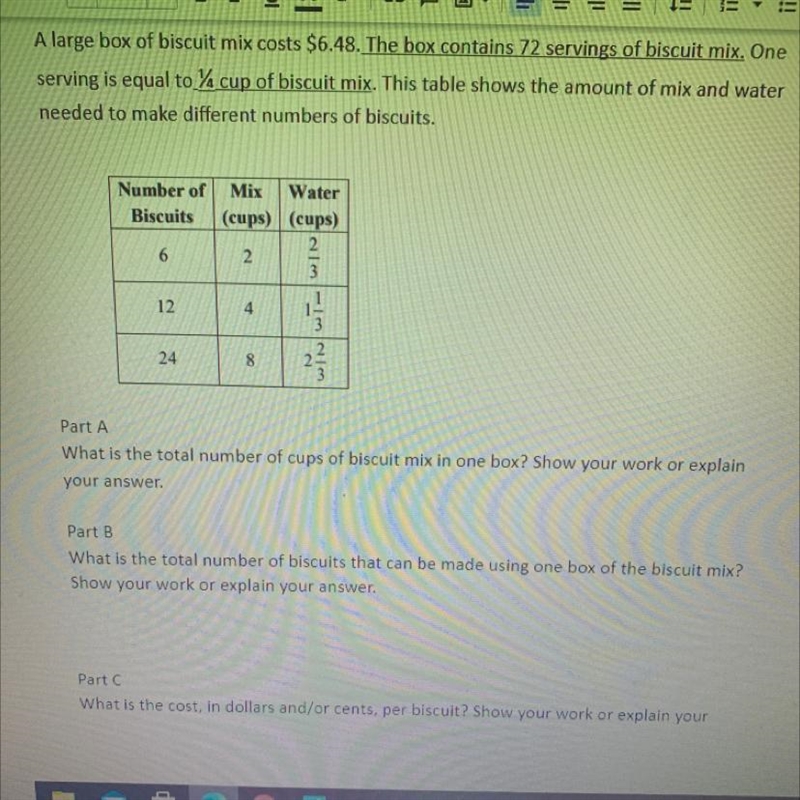 Part A what is the total number of cups of biscuit mix in one box Show your work or-example-1