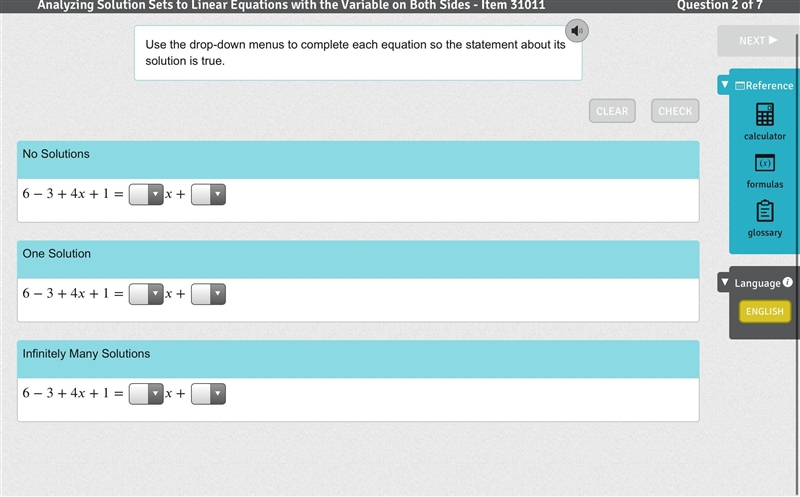 Use the drop-down menus to complete each equation so the statement about its solution-example-1