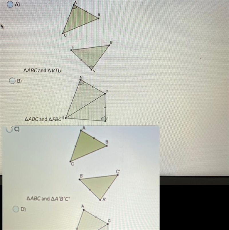 Which of the following pairs of triangles can be proven congruent through SSS? A) B-example-1