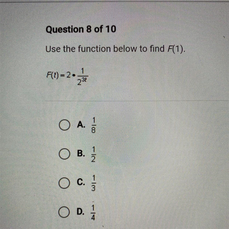 Use the function below to find F(1). F(t) = 2•1/2^3t-example-1