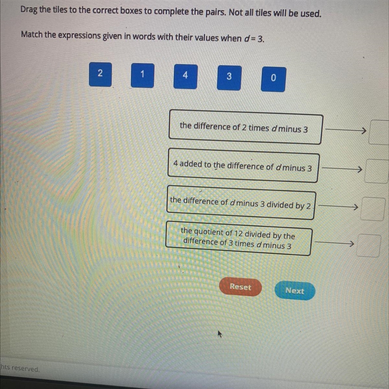 Match the expressions given in words with their values when d= 3. Help-example-1