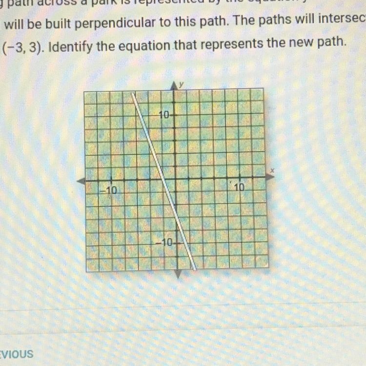 A walking path across a park is represented by the equation y = -3x - 6. A new path-example-1