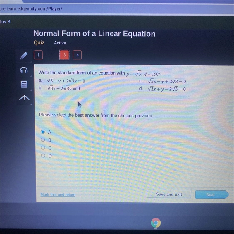 PLEASE HELP!Write the standard form of equation with p=sqrt3, 0=150°￼-example-1