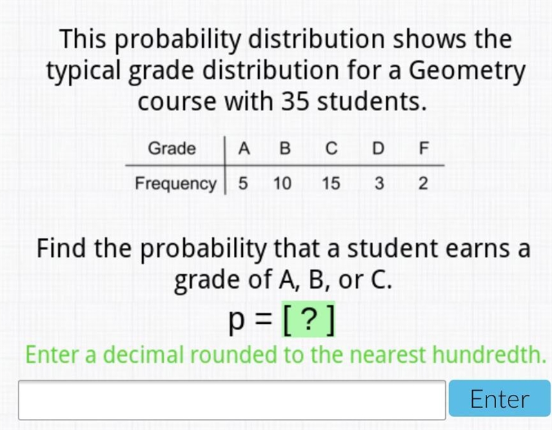 Find the probability that a student earns a grade of A,B, or C P=-example-1