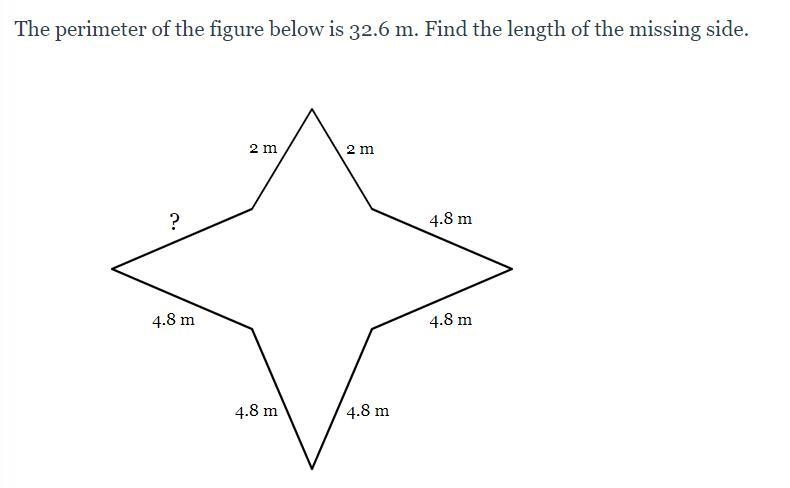 The perimeter of the figure below is 32.6 m. Find the length of the missing side.-example-1