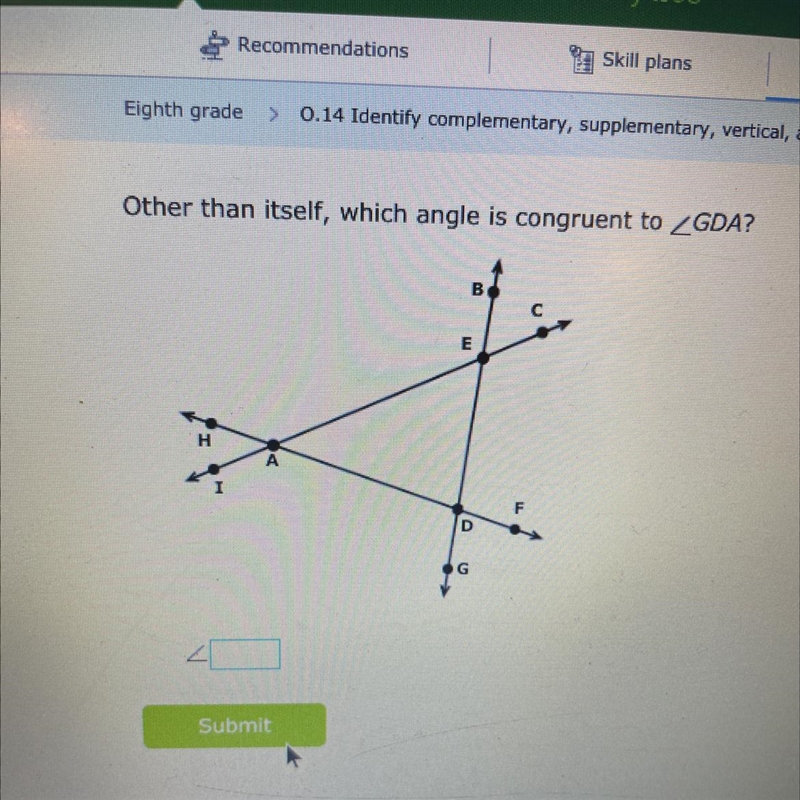 Other than itself, which angle is congruent to GDA?-example-1