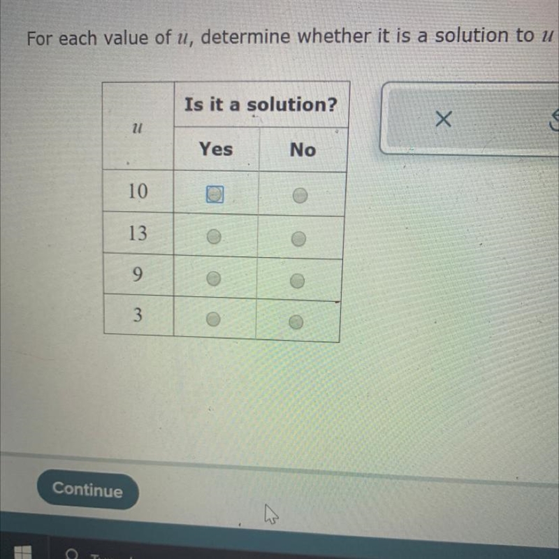 For each value of u, determine whether it is a solution to u > 9.-example-1