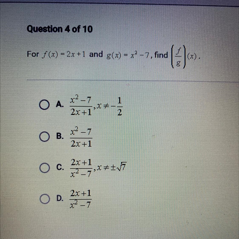 For f(x)=2x+1 and g(x2-7 find f/g (x)-example-1