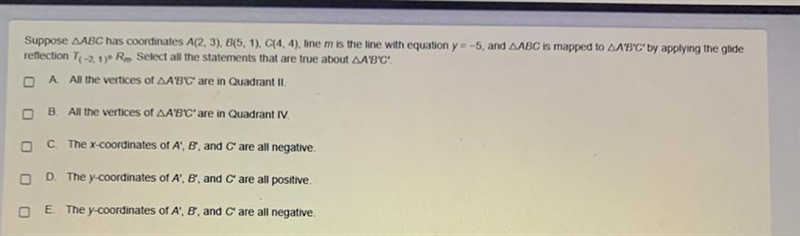 Suppose AABC has coordinates A(2,3), B(5, 1), C(4.4), line m is the line with equation-example-1