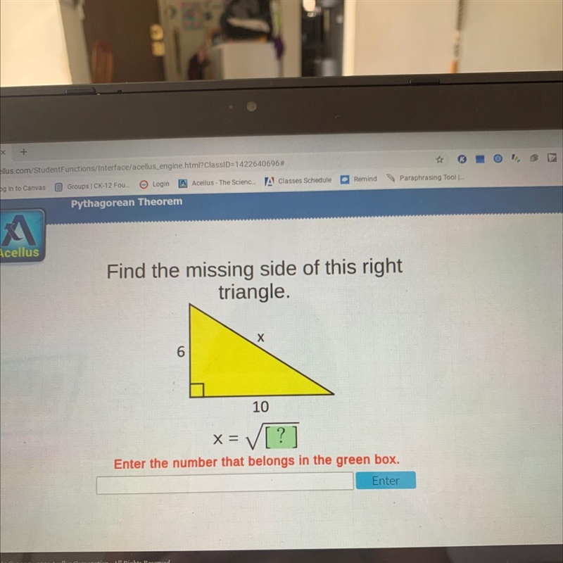 Find the missing side of this right triangle. Х 6 10-example-1