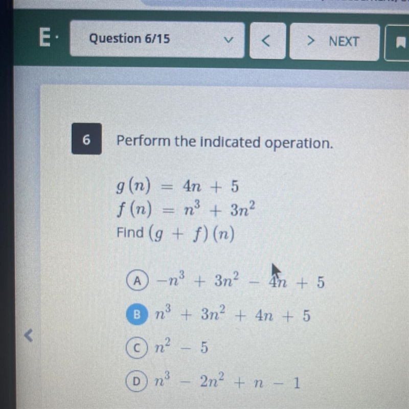 G(n) = 4n+5 f(n)= n^3+3n^2 find (g+f)(n)-example-1