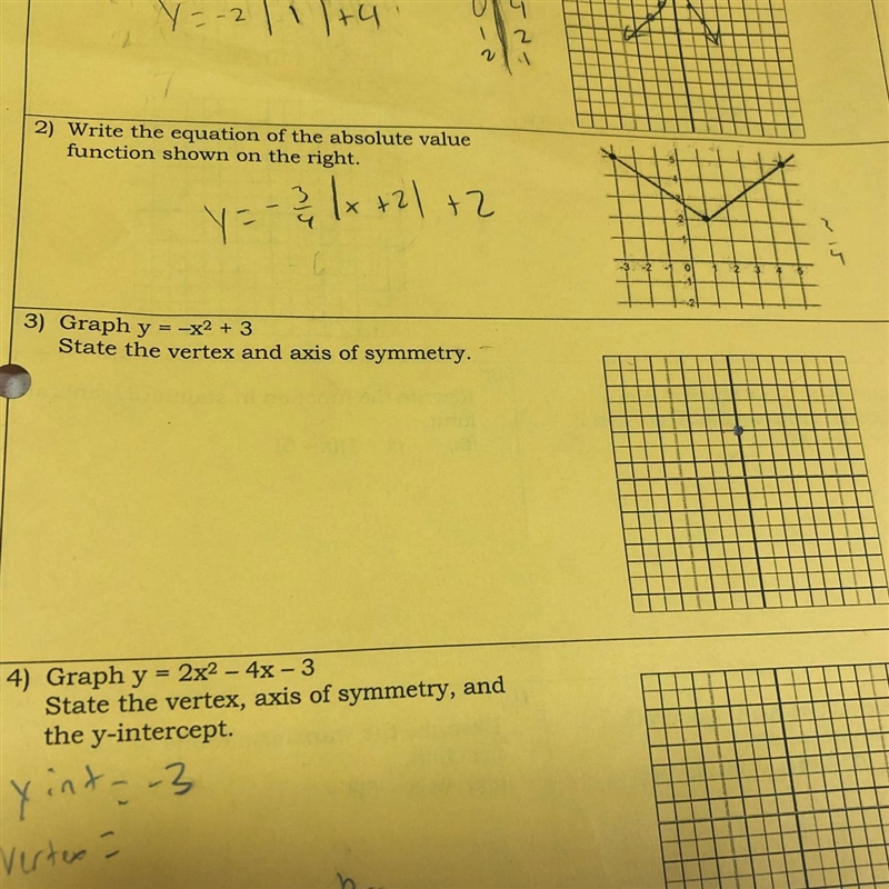 3) Graph y=-x2+3 State the vertex and axis of symmetry-example-1