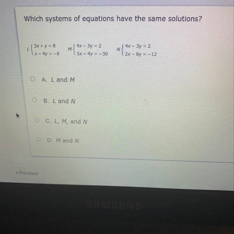 Which systems of equations have the same solutions? L (3x+y = 8 1x - 4y = -6 m{$*=*=230 NS-example-1