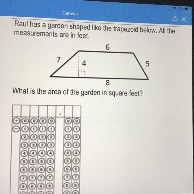 Raul has a garden shaped like the trapezoid below. All the measurements are in feet-example-1