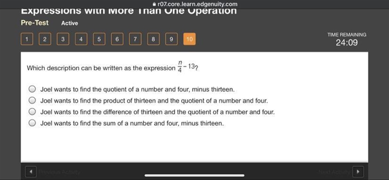 Which description can be written as the expression StartFraction n Over 4 EndFraction-example-1