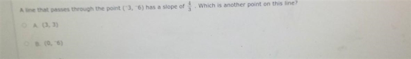 A line that passes through the point (-3, -6) has a slope of 4/3. which is another-example-1