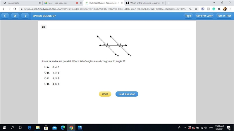 Lines m and n are parallel. Which list of angles are all congruent to angle 2? A. 8, 4, 1 B-example-1