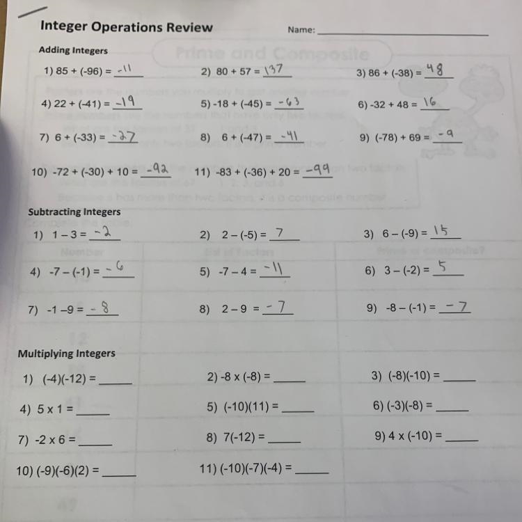 Multiplying Integers 1) (-4)(-12) = 2) -8 X (-8) = 3) (-8)(-10) = 4) 5 x 1 = 5) (-10)(11) = 6) (-3)(-8) = 9) 4 x-example-1