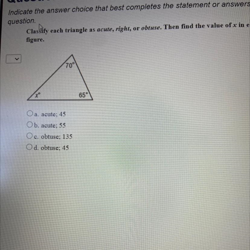 A. acute; 45 B. Acute; 55 C. Obtuse; 135 D. Obtuse; 45-example-1