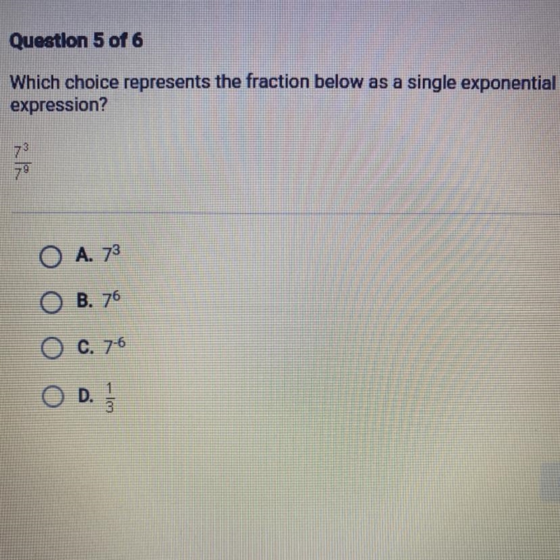 Which choice represents the fraction below as a single exponential expression? 73 79-example-1