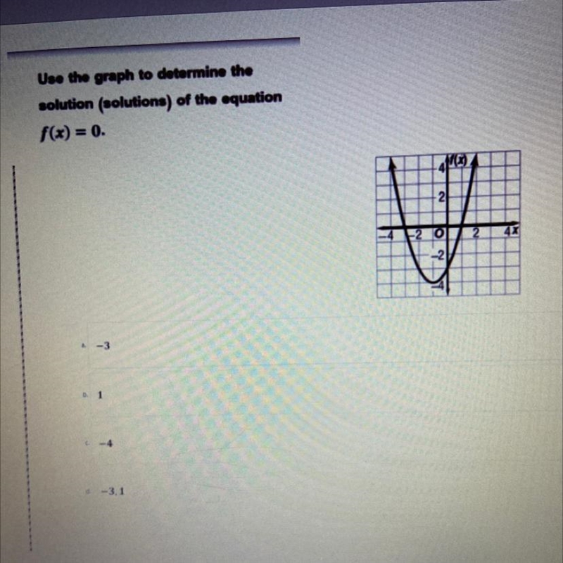 Use the graph to determine the solution (solutions) of the equation f(x) = 0. Please-example-1