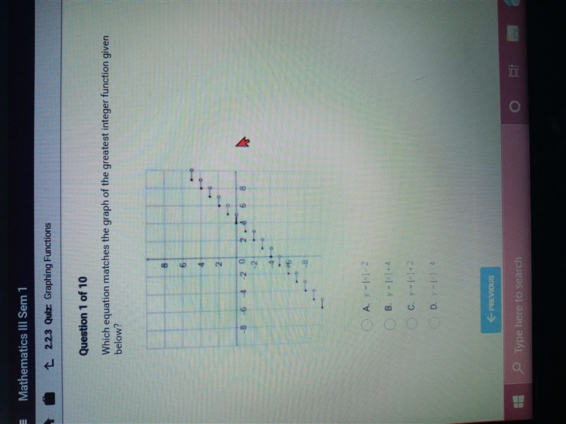 Which equation matches the graph of the greatest integer function given below? A. Y-example-1