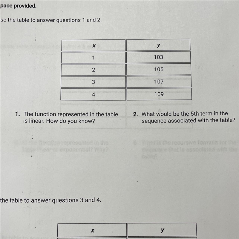 Use the table to answer questions 1 and 2. X у 1 103 2 105 3 107 4 109 1. The function-example-1