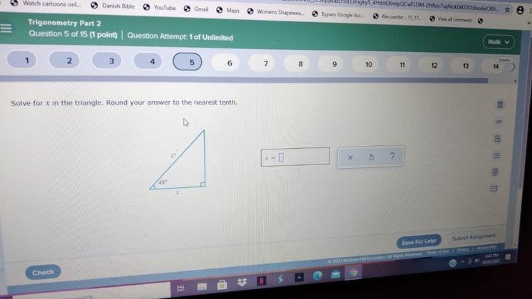 Solve for x in the triangle,round your answer to the nearest tenth-example-1