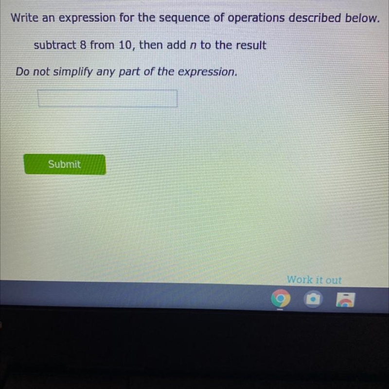 Subtract 8 from 10, then add n to the result-example-1