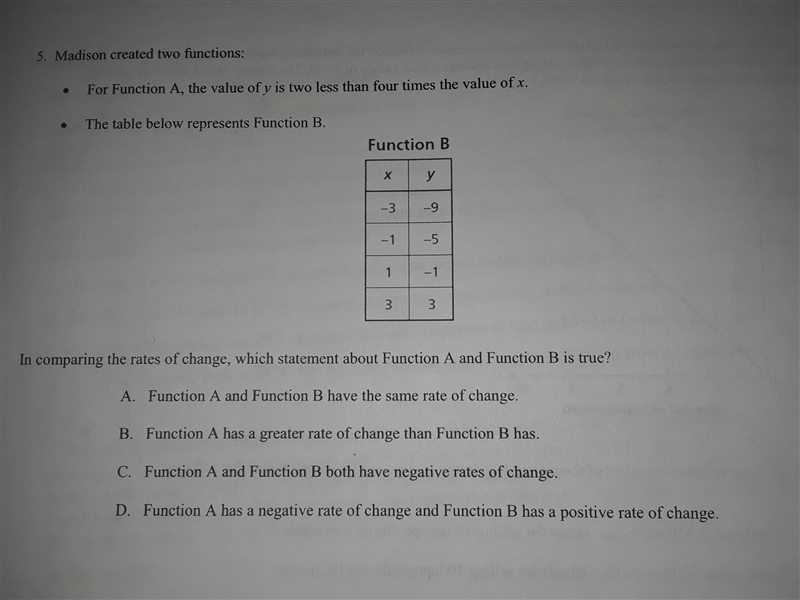 Madison created two functions: For function A the value of Y is two less than four-example-1