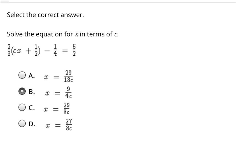 Solve the equation for x in terms of c. 2/3(cx+1/2)-1/4=5/2-example-1