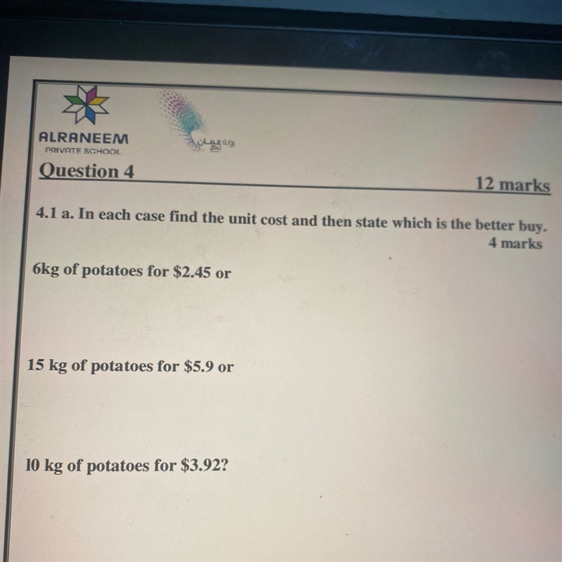 Question 4 12 marks 4.1 a. In each case find the unit cost and then state which is-example-1