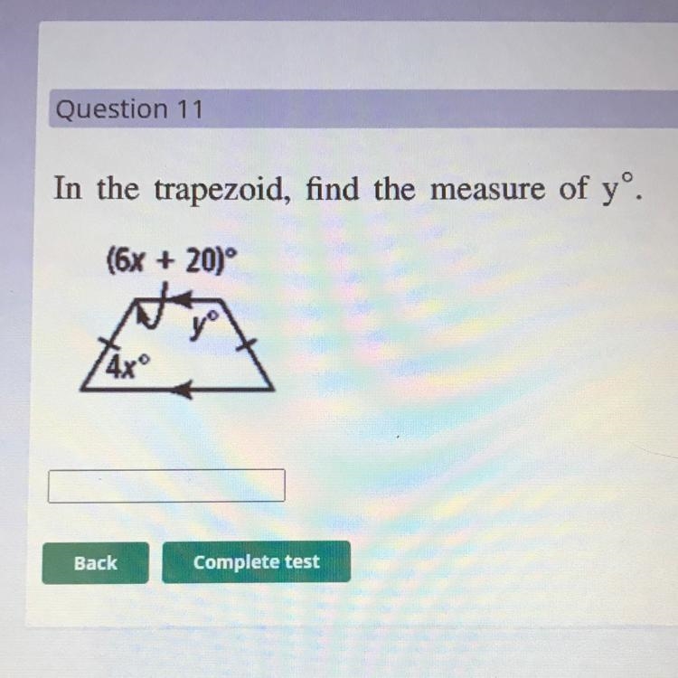 In the trapezoid, find the measure of yº (6x + 20°? Can y’all help?-example-1