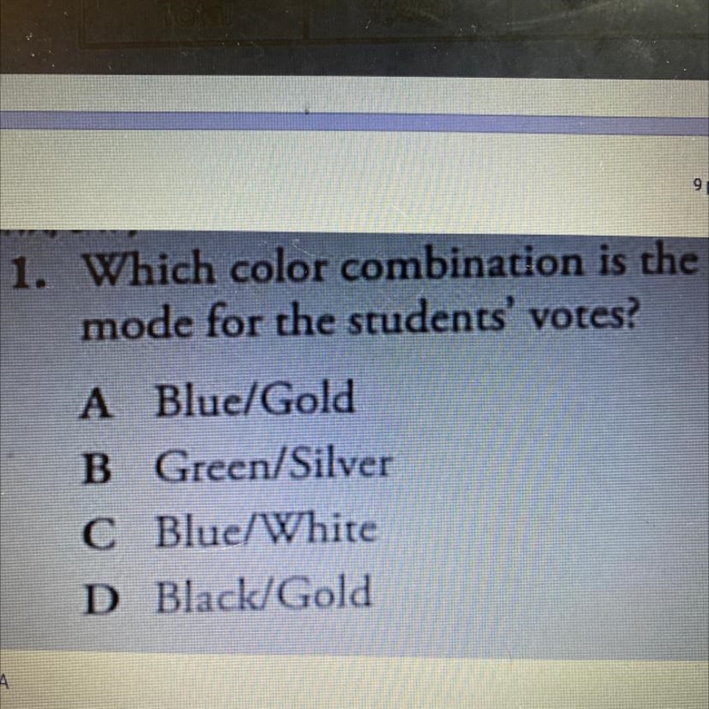 1. Which color combination is the mode for the students' votes? A Blue/Gold B Green-example-1