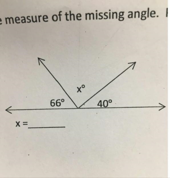 Find the value of x and the measure of the missing angle 66 x 40-example-1