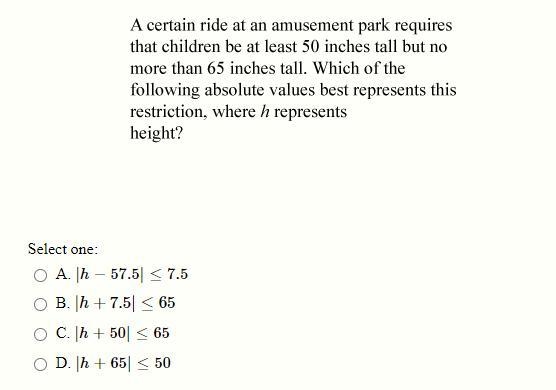 A certain ride at an amusement park requires that children be at least 50 inches tall-example-1