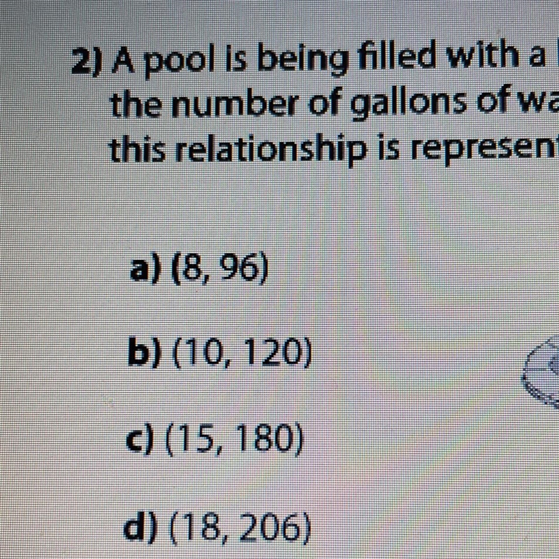 2) A pool is being filled with a hose. The equation y=12x represents the relationship-example-1