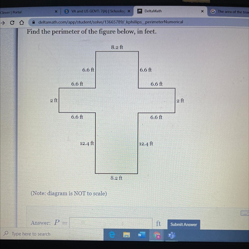 Find the perimeter of the figure below, in feet. 8.eft 6.6 ft 16.6A 6.6 ft 6.6 ft-example-1