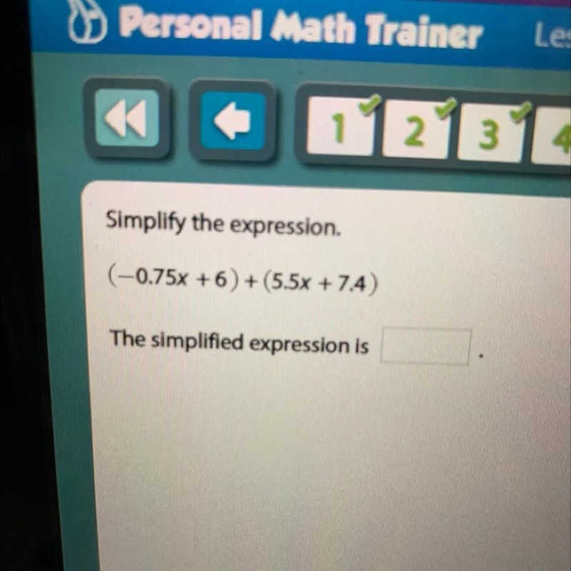 Simplify the expression. (-0.75x + 6 ) + (5.5x + 7.4)-example-1