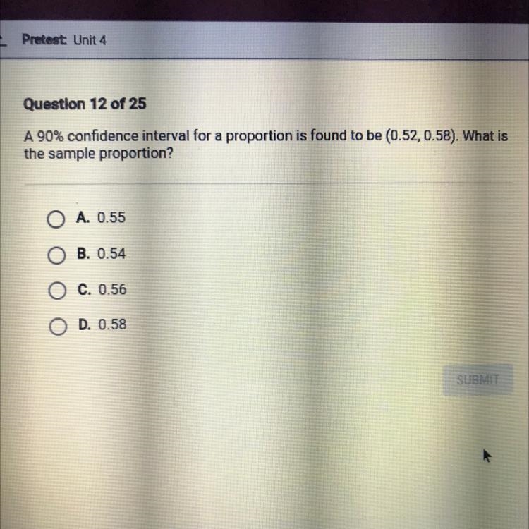 PLEASEEE HELP ASAP!!! A 90% confidence interval for a proportion is found to be (0.52, 0.58) . What-example-1