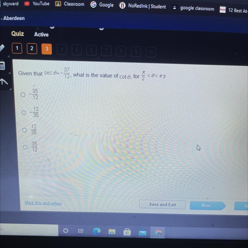 Given that sec0=-37/12 what is the value of cot0, for Pi/2<0-example-1