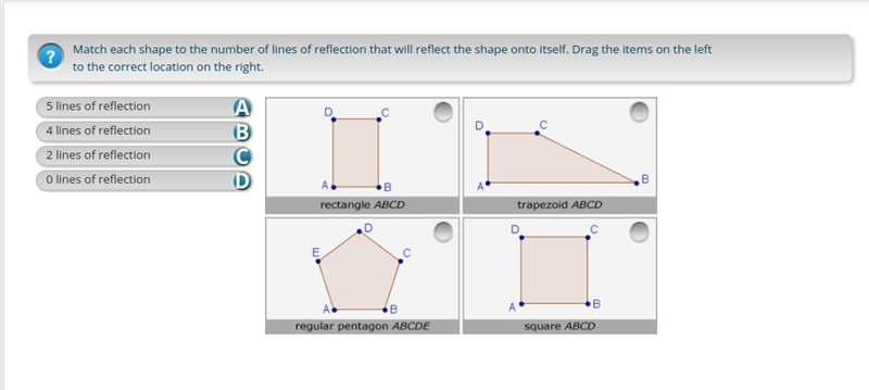 Match each shape to the number of lines of reflection that will reflect the shape-example-1