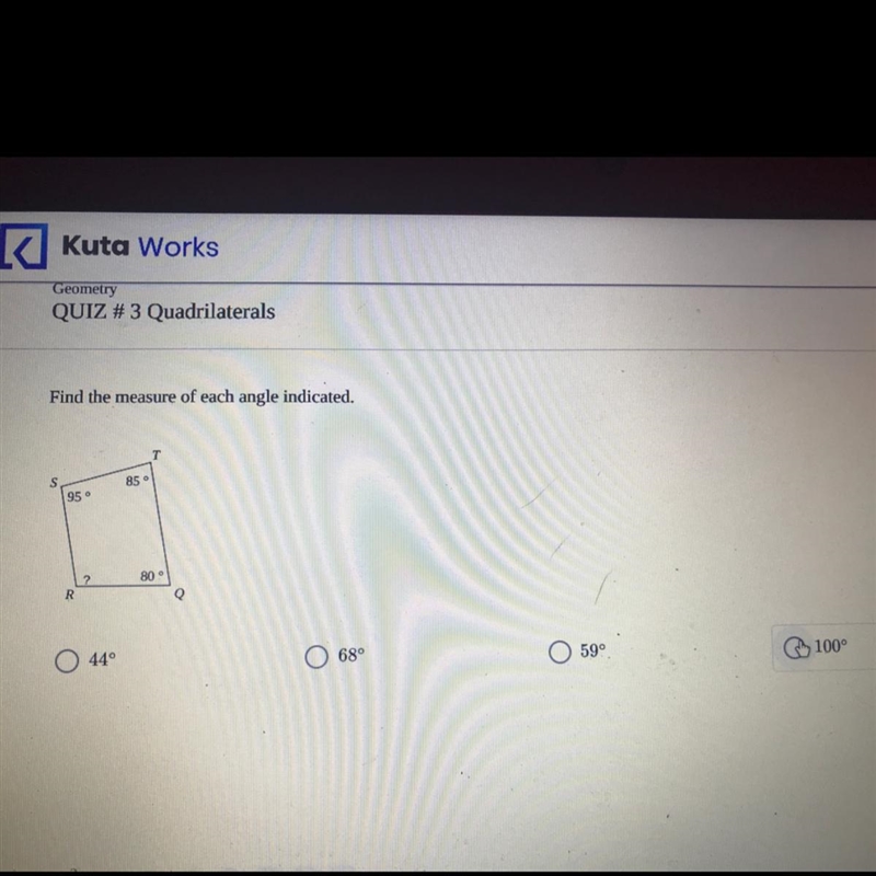 Find the measure of each angle indicated (quadrilaterals) I think it’s 100 I just-example-1