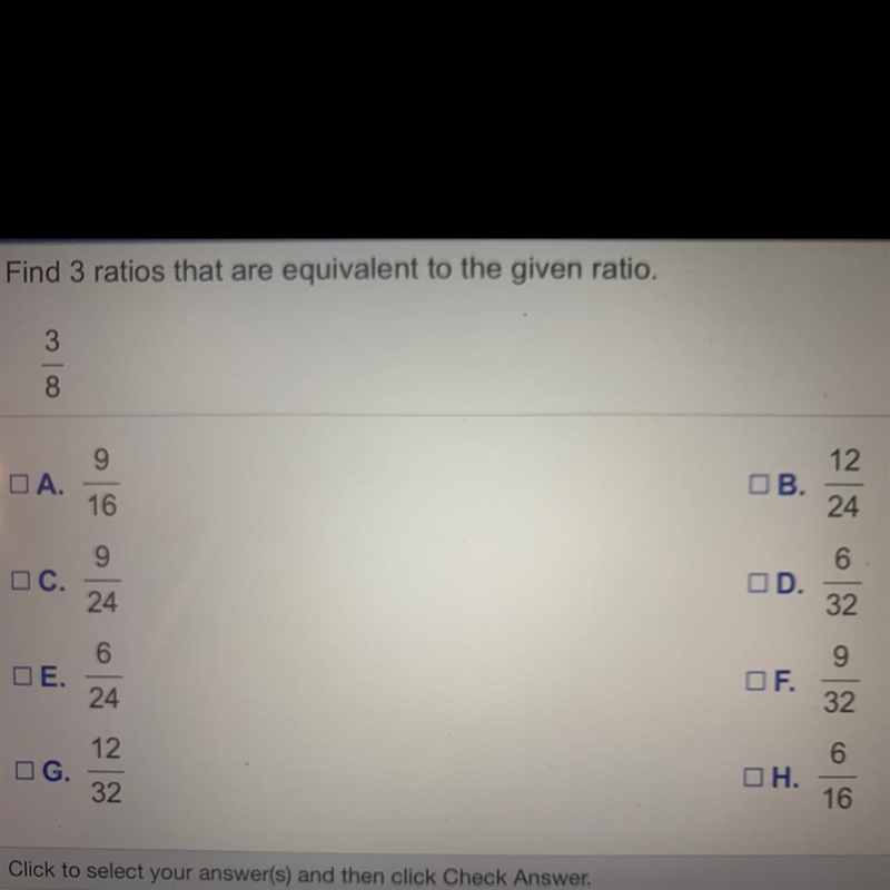 Find 3 ratios that are equivalent to the given ratio. 3/8-example-1