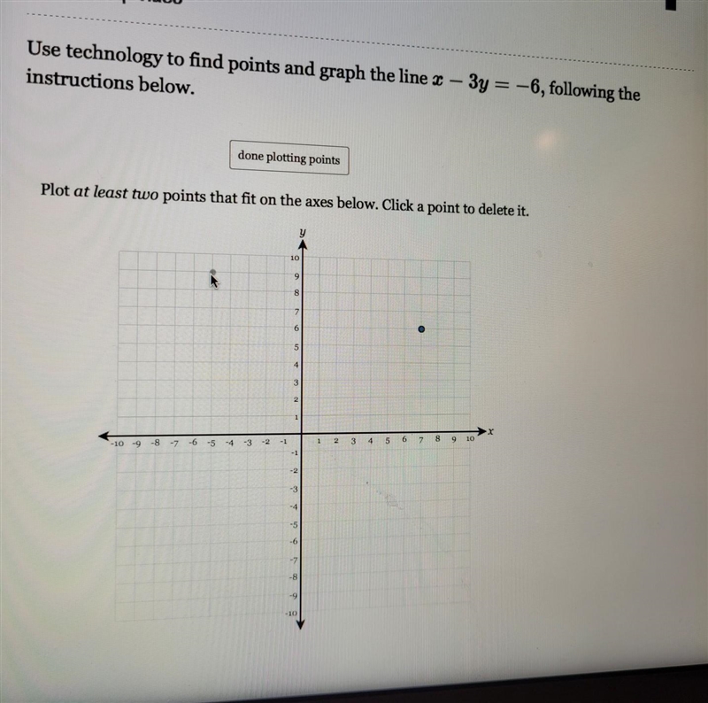 Use technology to find points and graph the line x - 3y = -6​-example-1